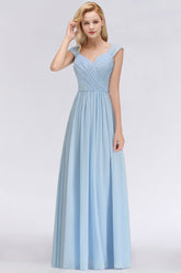 Sky Blue V-Neck Chiffon A-Line Bridesmaid Dress