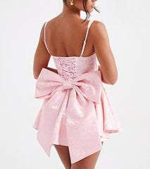 Pink Spaghetti Straps Short Satin Homecoming Dresses with Bows