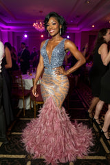 V-Neck Sleeveless Mermaid Long Evening Dresses with Feather