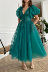 Dark Green V-Neck Short Sleeve A-Line Evening Dress On Sale