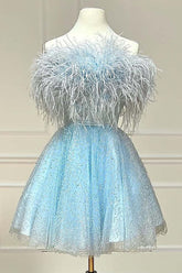 Light Blue A-Line Strapless Homecoming Dress with Feathers