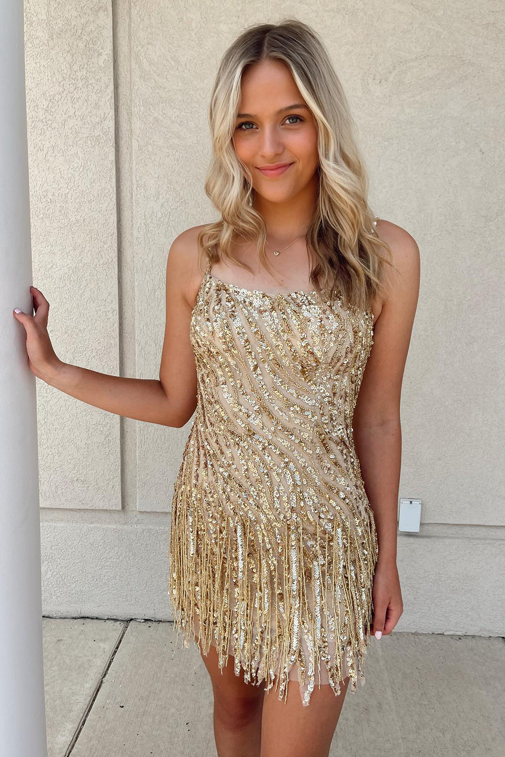 Sparkly Golden Spaghetti Straps Sequins Fringed Tight Short Hoco Dress