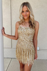 Sparkly Golden Spaghetti Straps Sequins Fringed Tight Short Hoco Dress