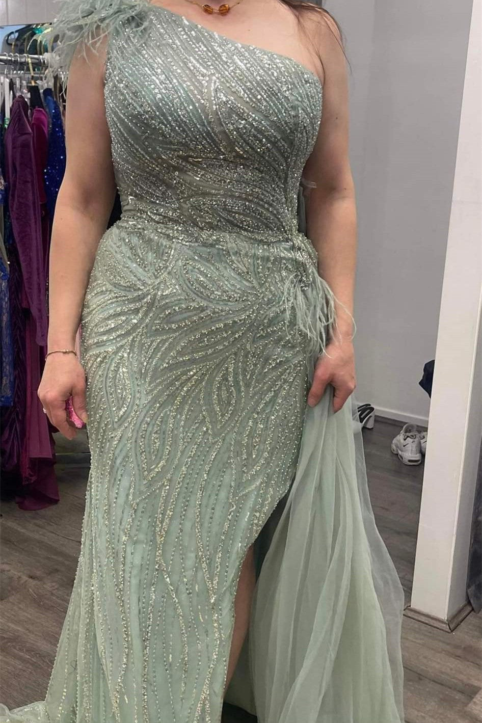 Dusty Sage One-Shoulder Mermaid Evening Dress with Beading Slit