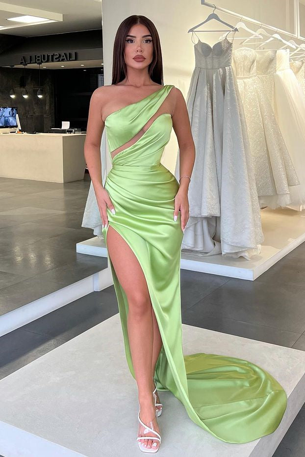 Light Green One-Shoulder Sleeveless Long Slit Evening Dress