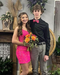 Pink Spaghetti Straps Sequined Homecoming Dresses