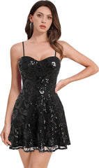 Black Spaghetti Straps Sequins A-line Homecoming Dress