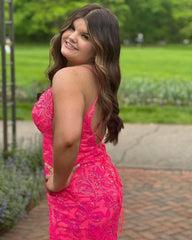 Pink Spaghetti Straps Sequined Homecoming Dresses