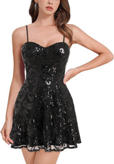 Black Spaghetti Straps Sequins A-line Homecoming Dress