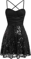 Black Spaghetti Straps Sequins A-line Homecoming Dress