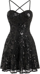 Black Spaghetti Straps Sequins A-line Homecoming Dress