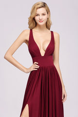Burgundy Deep V-Neck Chiffon A-Line Bridesmaid Dress