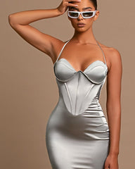 Elegant Grey Charmeuse Halter Evening Gown