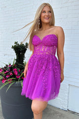 Sparkly Fuchsia Corset A-Line Tulle Short Homecoming Dress with Lace