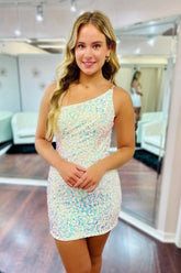 White Open Back One Shoulder Sequins Tight Short Homecoming Dress