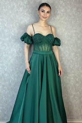 Off-The-Shoulder Spaghetti-Strap Evening Dress with Beading