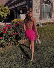 Pink Spaghetti Straps Sequined Homecoming Dresses