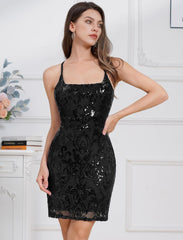 Black Sparkly Spaghetti Straps Sequins Bodycon Homecoming Dress