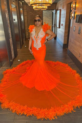 Orange Mermaid Evening Dress with Long Appliques and Feather Detail