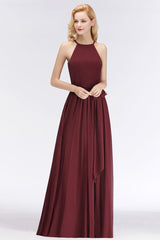 Burgundy Halter Chiffon A-Line Bridesmaid Dress
