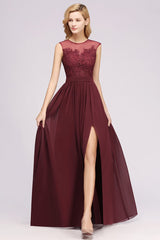 Burgundy Illusion Lace A-Line Bridesmaid Dress