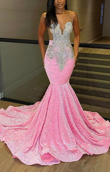 Pink Sleeveless Sequins Mermaid Evening Dress Long with Slit