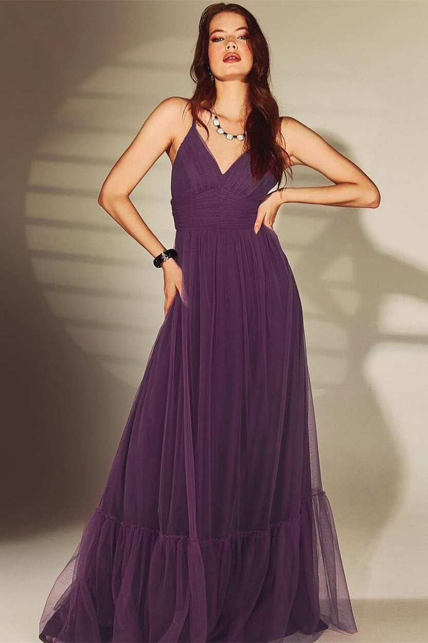 Shine Dark Purple V-Neck Spaghetti-Strap Evening Dress Online