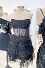 Glitter Black Corset Tiered A-Line Tulle Short Homecoming Dress