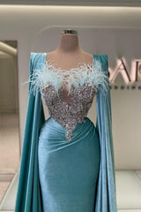 Sky Blue Evening Dress Feather Long Sleeves with Beadings Mermaid Appliques