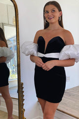 Black Detachable Sleeves Velvet Tight Short Homecoming Dress