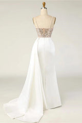 Elegant Long Mermaid Spaghetti Straps Bateau Pearls Satin Prom Dresses