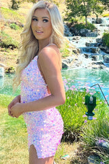 V-Neck Short Sleeveless Backless Sheath Homecoming Dresses with Sequin