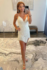 Backless Spaghetti Straps Tassel White Short Homecoming Dress