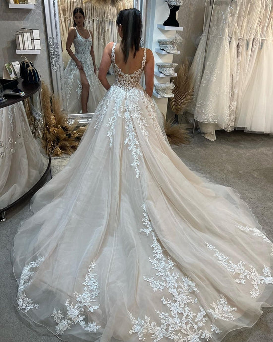 Mermaid Bateau Tulle Lace Long Open Back Wedding Dresses With Split
