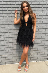 Black Deep V-Neck Bodycon Homecoming Dress with Feathers