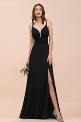 Black Deep V-Neck Chiffon A-Line Long Bridesmaid Dress with Slit