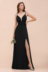 Black Deep V-Neck Chiffon A-Line Long Bridesmaid Dress with Slit Side View