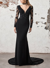Black Deep V-Neck Mermaid Wedding Dress with Lace Appliques and Long Sleeves