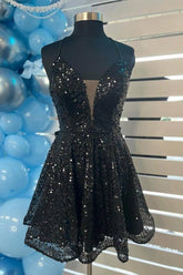 Black Deep V-Neck Sequin A-Line Homecoming Dress