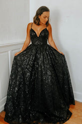 Black Deep V-Neck Sequin A-Line Long Prom Dress