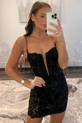 Black Deep V-Neck Sequin Bodycon Homecoming Dress with Corset Bodice