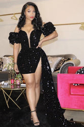 Black Deep V-Neck Sequin Bodycon Homecoming Dress with Slit