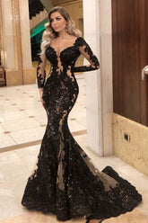 Black Deep V-Neck Sequin Mermaid Long Mother of the Bride Dress with Long Sleeves