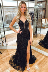 Black Deep V-Neck Sequin Mermaid Long Prom Dress with Slit