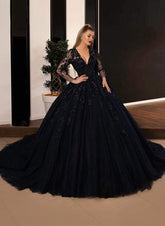 Black Deep V-Neck Tulle Ball Gown Chapel Train Wedding Dress with Lace Appliques and Long Sleeves