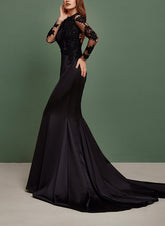 Black High Neck Satin Mermaid Wedding Dress with Lace Appliques and Long Sleeves