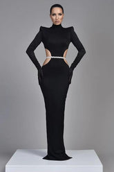 Black High Neck Sheath Long Evening Dress with Long Sleeves