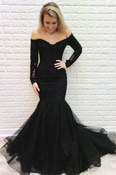 Black Off The Shoulder Mermaid Long Prom Dress with Long Sleeves