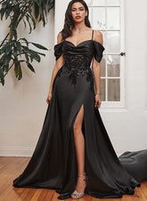 Black Off The Shoulder Satin A-Line Long Evening Dress with Slit