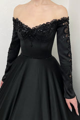 Black Off The Shoulder Satin Ball Gown Chapel Train Wedding Dress with Lace Appliques and Long Sleeves Bodice Detail